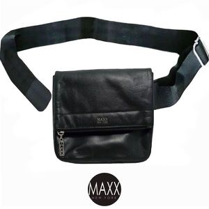 MAXX New York Black Leather Fanny Pack / Belt Bag, Adjustable Buckle/Velcro NWOT